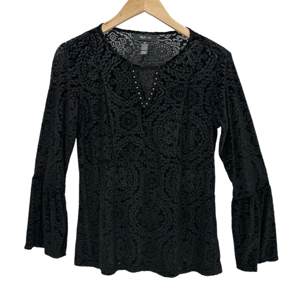Style & Co‎ Burnout Velvet Babydoll Bell Sleeve Blouse Black Soft Romantic Goth